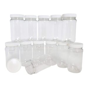 kelkaa 8oz clear pet plastic jars with white ribbed pe lined caps, bpa free, empty containers, kitchen dried food storage, homemade peanut butter, all-purpose canisters, made in the usa (pack of 12)