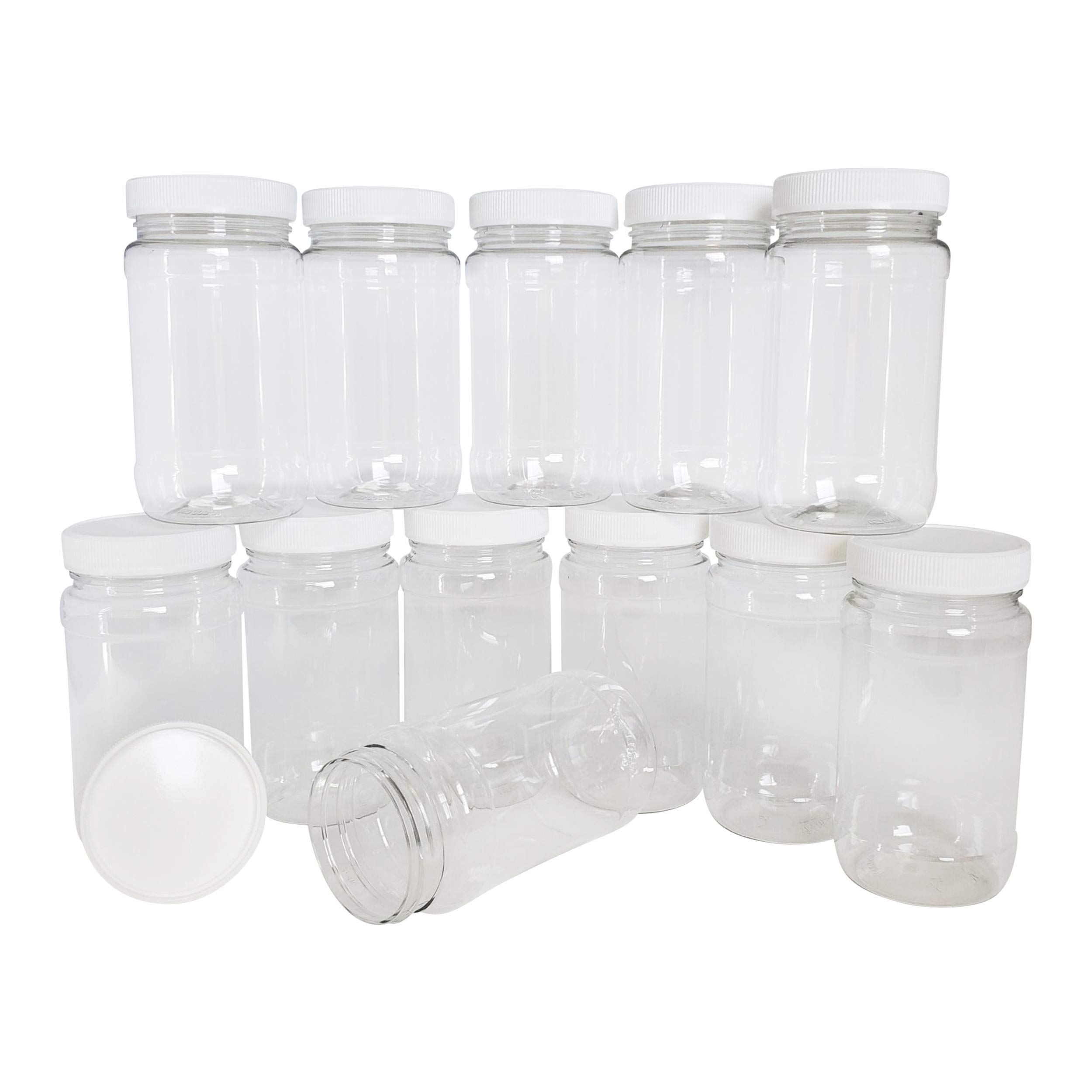 Kelkaa 8oz Clear PET Plastic Jars with White Ribbed PE Lined Caps, BPA Free, Empty Containers, Kitchen Dried Food Storage, Homemade Peanut Butter, All-Purpose Canisters, Made in the USA (Pack of 12)