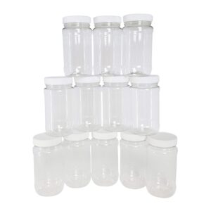 Kelkaa 8oz Clear PET Plastic Jars with White Ribbed PE Lined Caps, BPA Free, Empty Containers, Kitchen Dried Food Storage, Homemade Peanut Butter, All-Purpose Canisters, Made in the USA (Pack of 12)