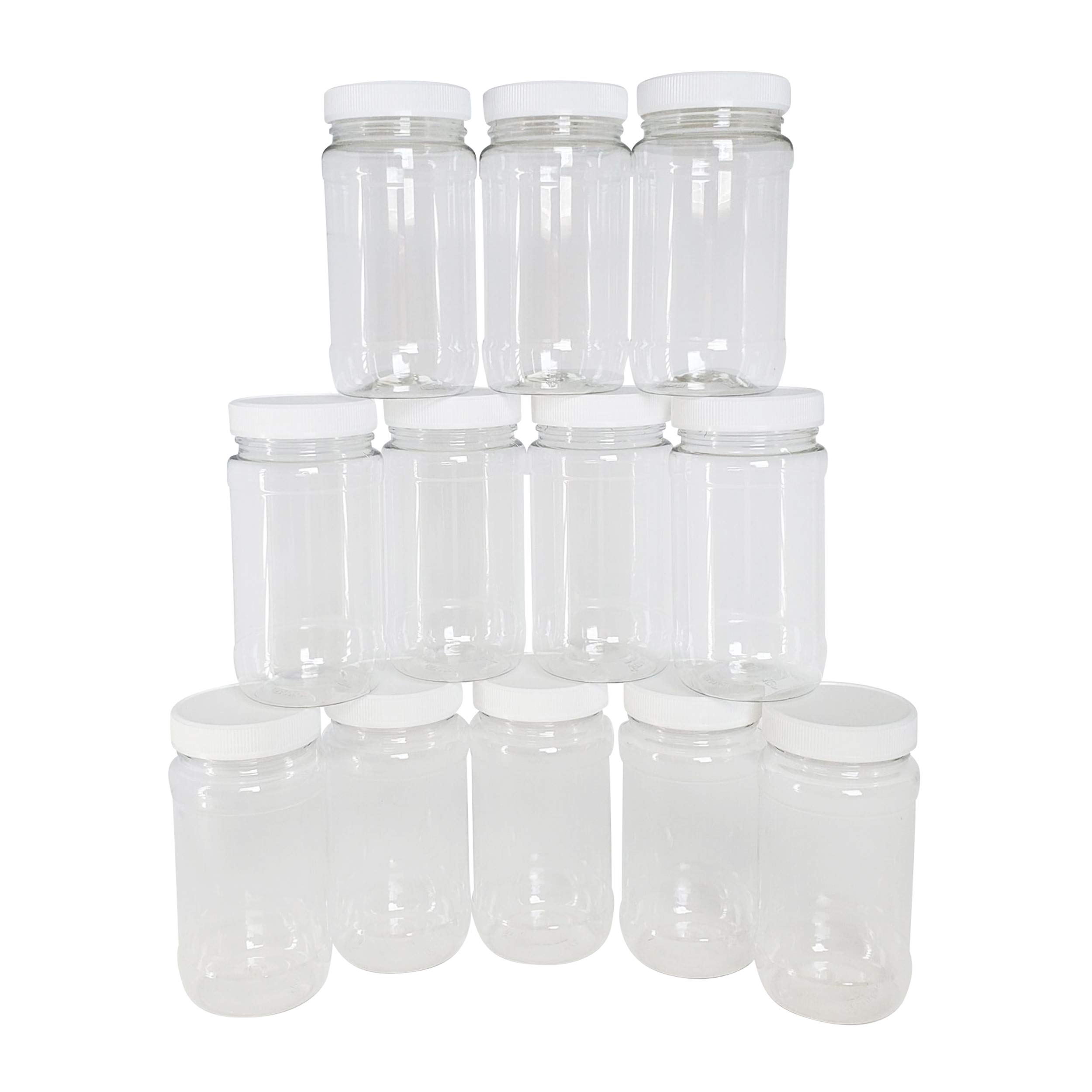 Kelkaa 8oz Clear PET Plastic Jars with White Ribbed PE Lined Caps, BPA Free, Empty Containers, Kitchen Dried Food Storage, Homemade Peanut Butter, All-Purpose Canisters, Made in the USA (Pack of 12)