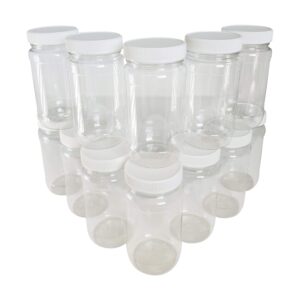 Kelkaa 8oz Clear PET Plastic Jars with White Ribbed PE Lined Caps, BPA Free, Empty Containers, Kitchen Dried Food Storage, Homemade Peanut Butter, All-Purpose Canisters, Made in the USA (Pack of 12)