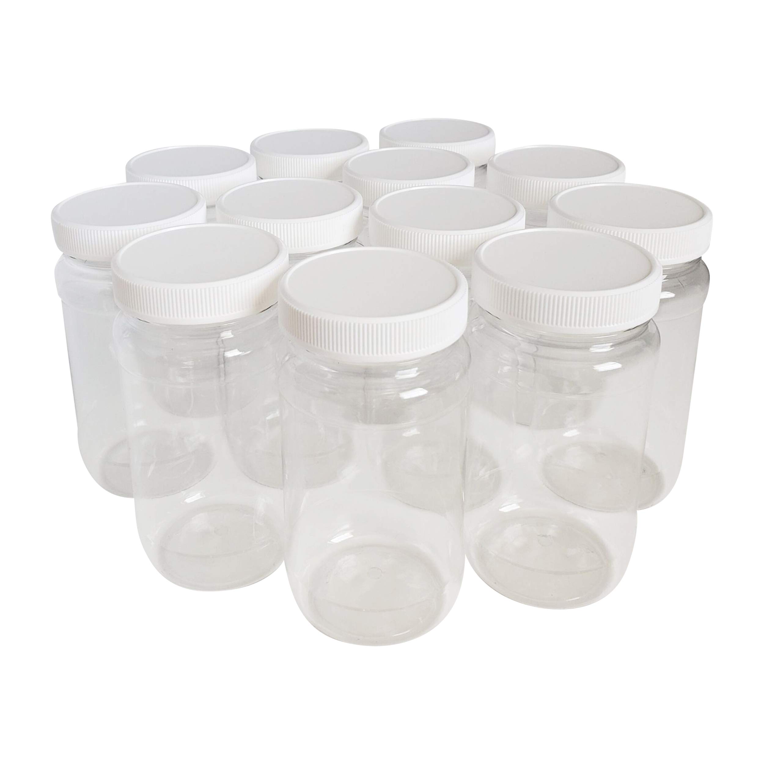 Kelkaa 8oz Clear PET Plastic Jars with White Ribbed PE Lined Caps, BPA Free, Empty Containers, Kitchen Dried Food Storage, Homemade Peanut Butter, All-Purpose Canisters, Made in the USA (Pack of 12)