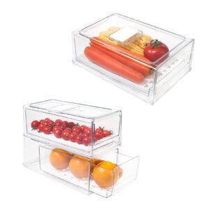 elabo stackable refrigerator organizer drawers with removable drain tray, fridge organizer bins, pull out food storage container bins with drawer for freezer and kitchen, bpa-free, clear, 3 pack