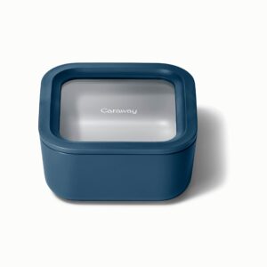 caraway glass food storage - 4.4 cup glass container - ceramic coated food container - non toxic, non stick lunch box container with glass lids. dishwasher, oven, & microwave safe - navy