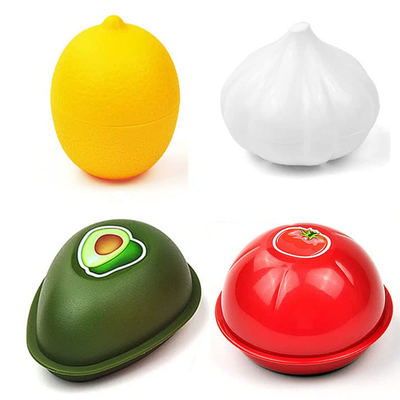 Tiydiygo 4PCS Fresh Food Savers Avocado Lemon Tomatoes Garlic Shape Crisper Containers,Vegetable Fruits Storage Keeper Sealing Box Bowls for Refrigerators