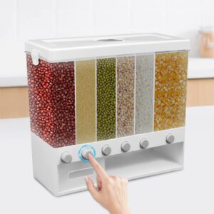 lugbing dry food dispenser, one-click rice output food containers, wall mounted 6 grid cereal dispenser, rice dispenser kitchen storage for rice, beans, grains