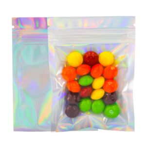 100 pack holographic bags 3.3x5.1 inches, resealable mylar bags food safe material ziplock food storage foil pouch bag
