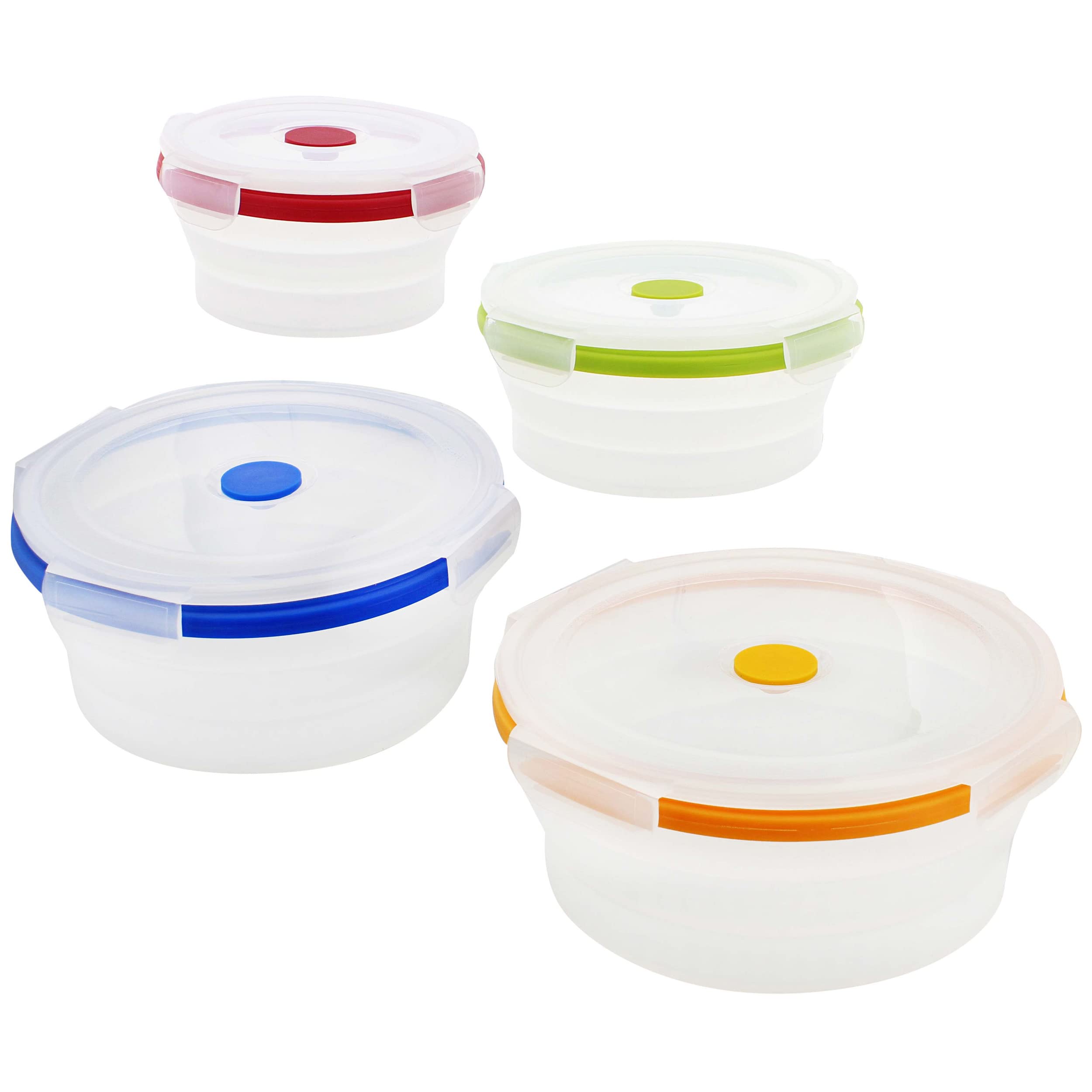 Potted Pans Collapsible Containers with Lids - 4pc Clear Stackable Food Silicone Storage Containers with Colorful Lids