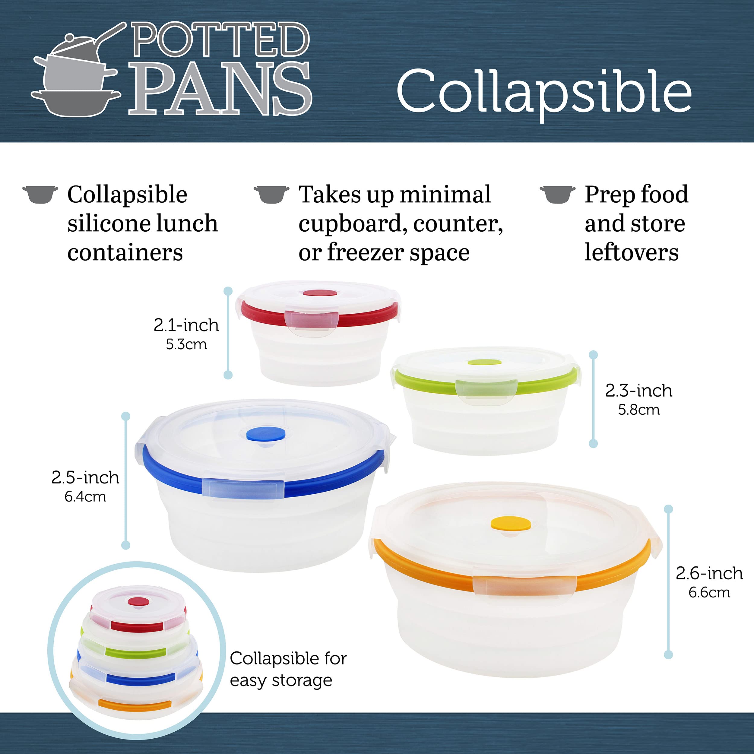 Potted Pans Collapsible Containers with Lids - 4pc Clear Stackable Food Silicone Storage Containers with Colorful Lids