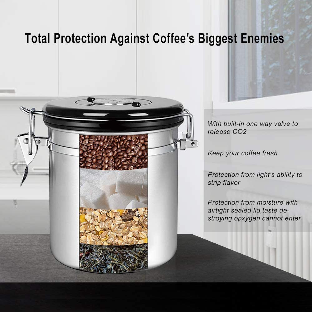 NEX Airtight Coffee Canister, Stainless Steel Storage Container (22OZ) with Scoop, Visible Window and Date Tracker, One Way Co2 Valve, Coffee Jar for Beans or Grounds, Kitchen Food, Tea, Sugar,Silver