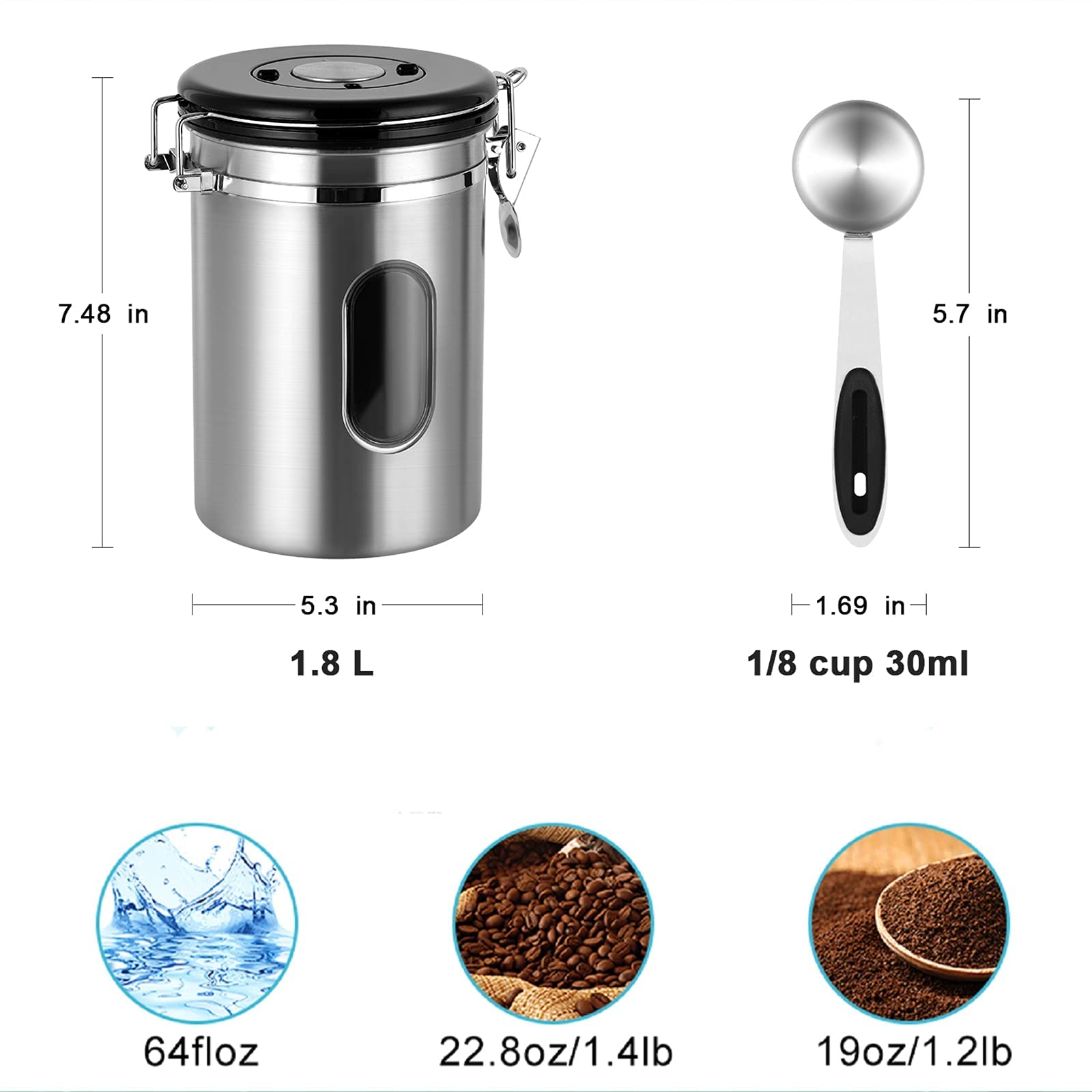 NEX Airtight Coffee Canister, Stainless Steel Storage Container (22OZ) with Scoop, Visible Window and Date Tracker, One Way Co2 Valve, Coffee Jar for Beans or Grounds, Kitchen Food, Tea, Sugar,Silver