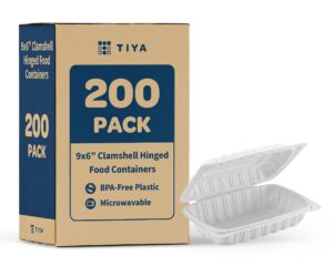 tiya clamshell food containers - white bulk 200 pack, 9x6in. - bpa free plastic to-go storage containers - microwavable hinged restaurant takeout tall clamshells - great for meal prep