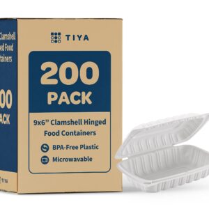 TIYA Clamshell Food Containers - White Bulk 200 Pack, 9x6in. - BPA Free Plastic To-Go Storage Containers - Microwavable Hinged Restaurant Takeout Tall Clamshells - Great for Meal Prep