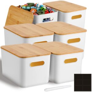 geosar 6 pieces storage bins with bamboo lids plastic storage containers white stackable storage box with and handle with 6 labels and marker for organizing toys and more, 10.1 x 7 x 6.69 inch