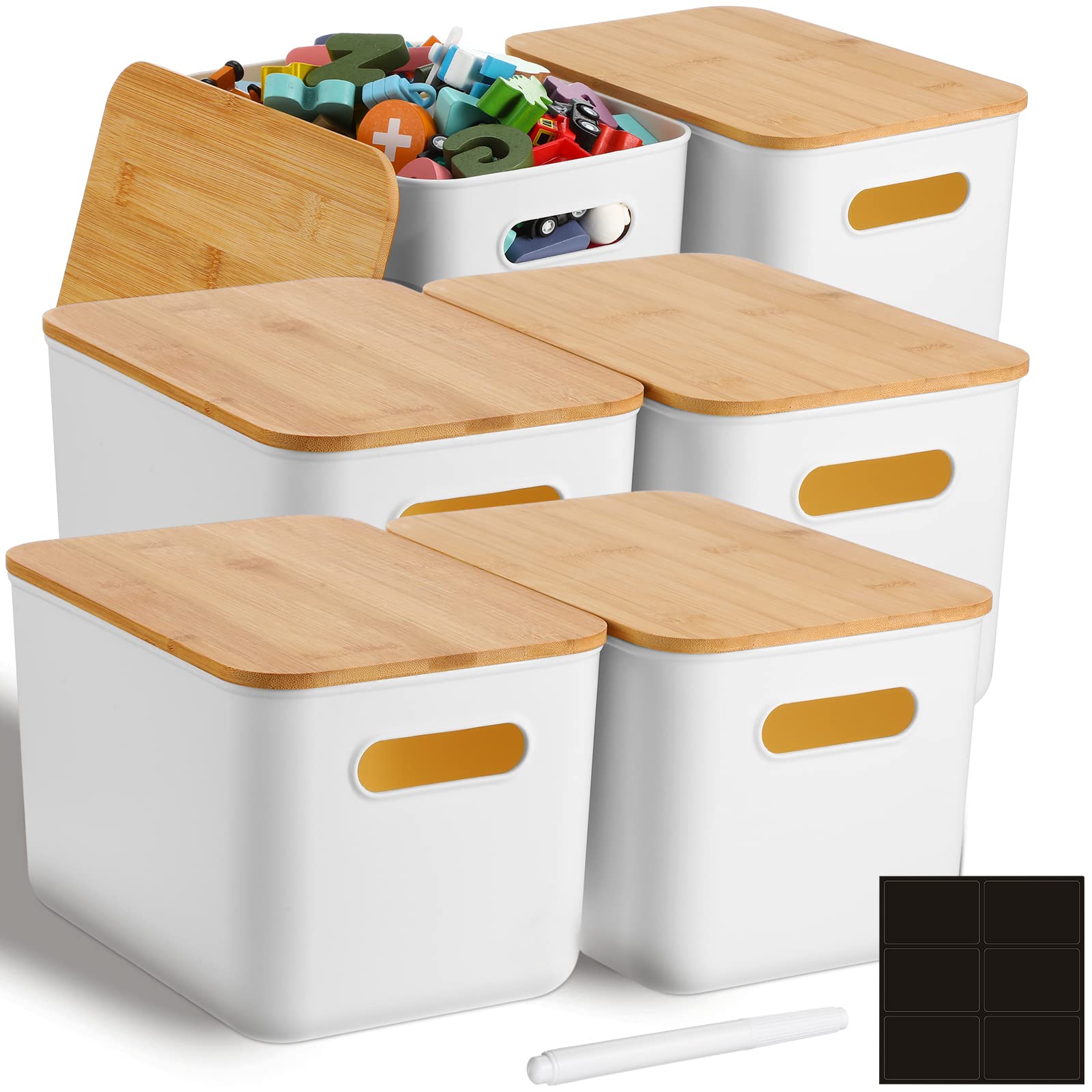 Geosar 6 Pieces Storage Bins with Bamboo Lids Plastic Storage Containers White Stackable Storage Box with and Handle with 6 Labels and Marker for Organizing Toys and More, 10.1 x 7 x 6.69 Inch