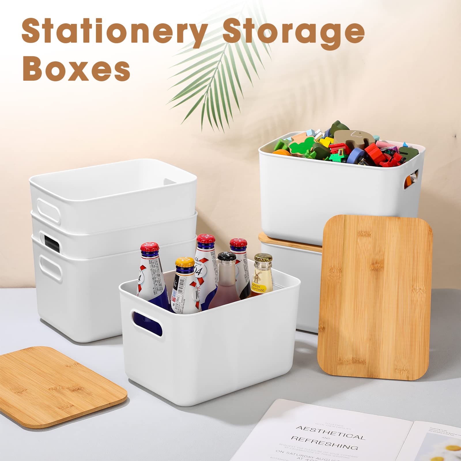 Geosar 6 Pieces Storage Bins with Bamboo Lids Plastic Storage Containers White Stackable Storage Box with and Handle with 6 Labels and Marker for Organizing Toys and More, 10.1 x 7 x 6.69 Inch