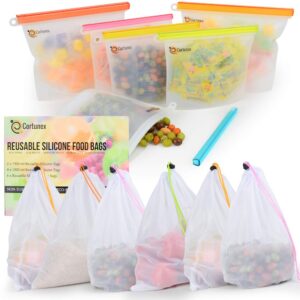 reusable silicone food storage bags | 100% food grade silicone bags | leakproof, airtight | keep fruit, snacks, veggie, sandwich fresh | set of 6 bundle with 6 reusable mesh produce bags