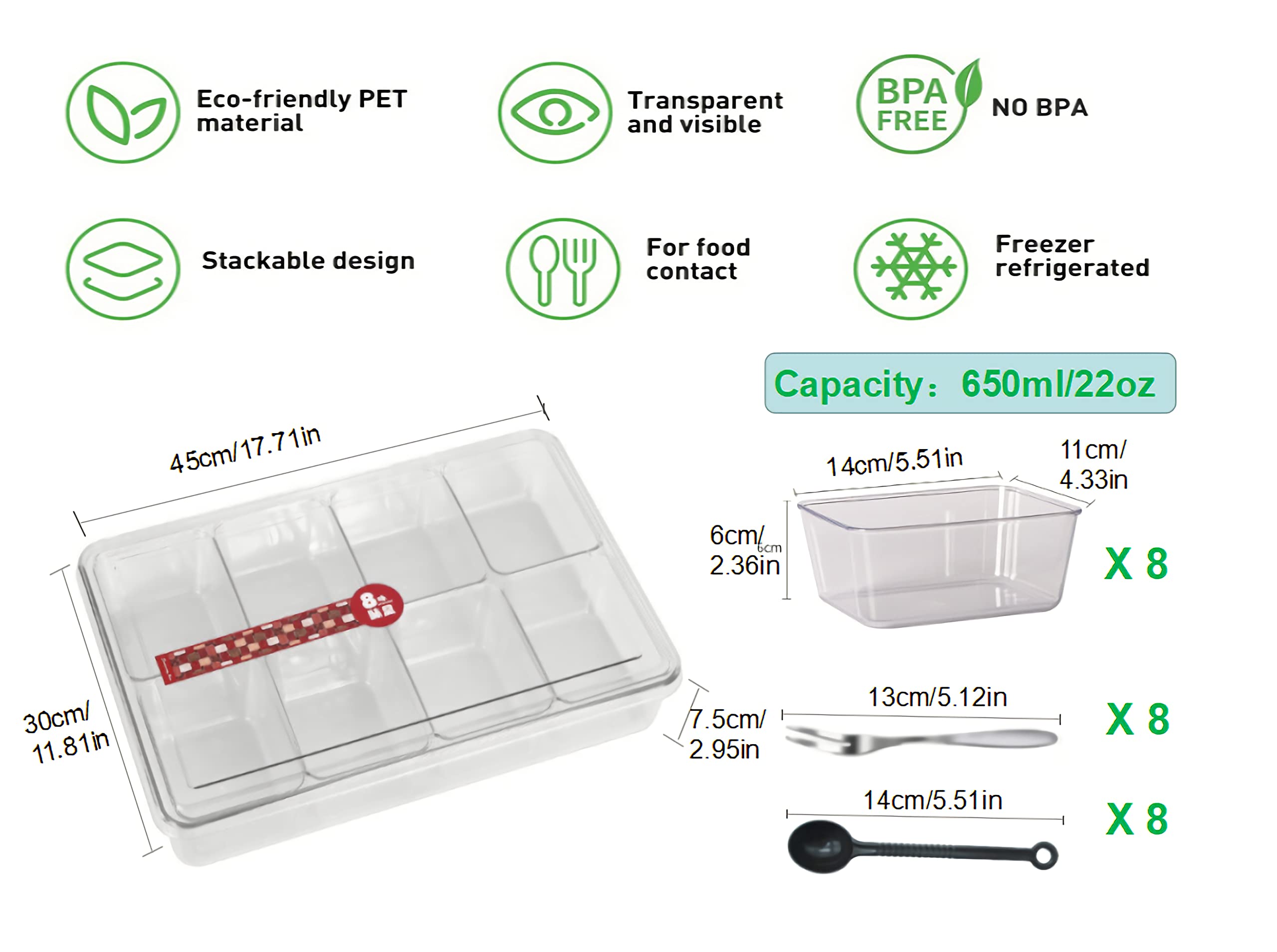 Divided Veggie Tray with Lid, 8 Compartment Vegetable Storage Square Appetizer Relish Serving Platter, Food Fruit Snack Containers with 8 Spoons for Refrigerator Organizer Bins