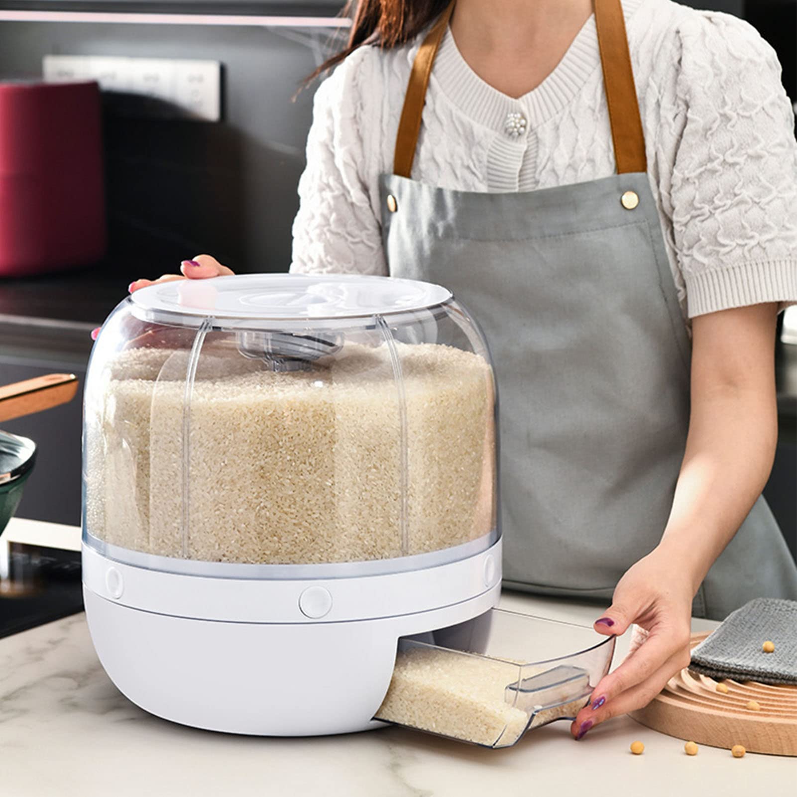 TOPINCN Grains Separate Storage Box, Home Damp Proof Rice Storage Tank Countertop Rice Holder Kitchen Dispenser Round Rotatable Bean Storage Box (Small)