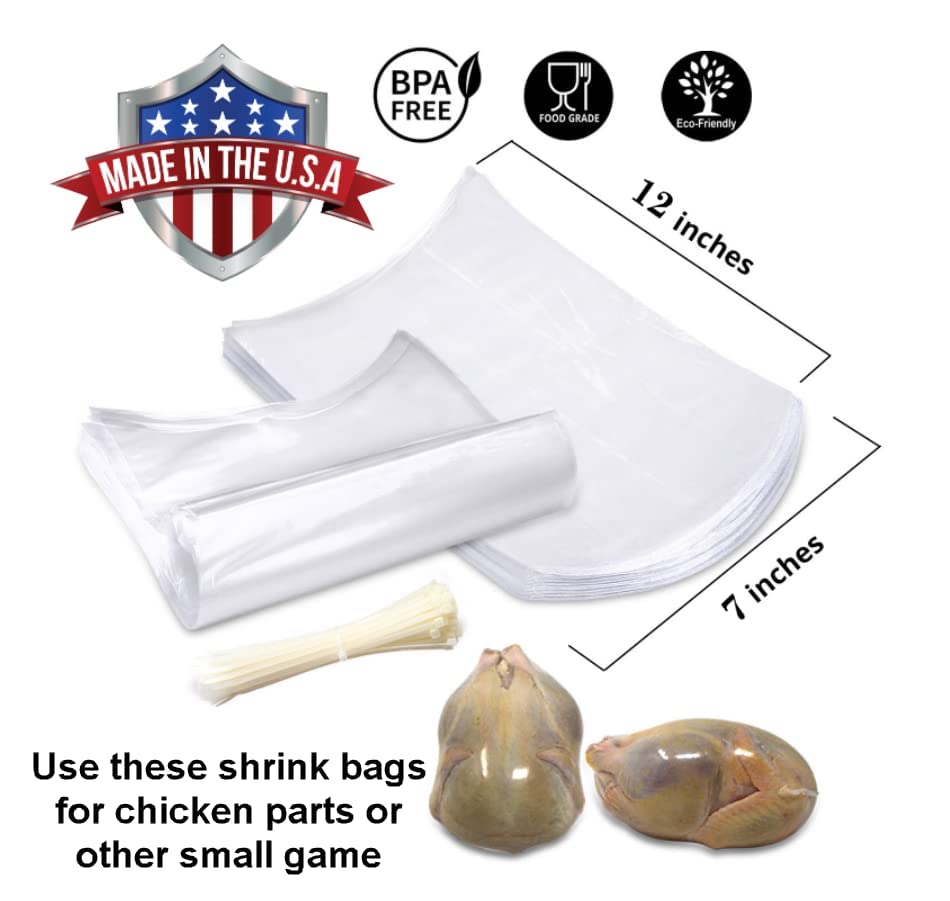 Poultry Shrink Clear Bags for Chicken Parts - 7 inch x 12 inch with zip ties BPA Free, MADE IN USA (25)