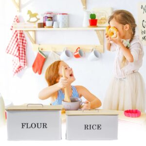 Gdfjiy Kitchen Canisters Set of 2, Metal Rice Storage Bin Flour Tin, Rustic Farmhouse Canister Jars, Food Storage Container for Rice Flour Soybean Grain Cereal-White