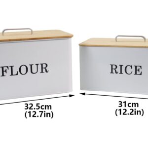 Gdfjiy Kitchen Canisters Set of 2, Metal Rice Storage Bin Flour Tin, Rustic Farmhouse Canister Jars, Food Storage Container for Rice Flour Soybean Grain Cereal-White