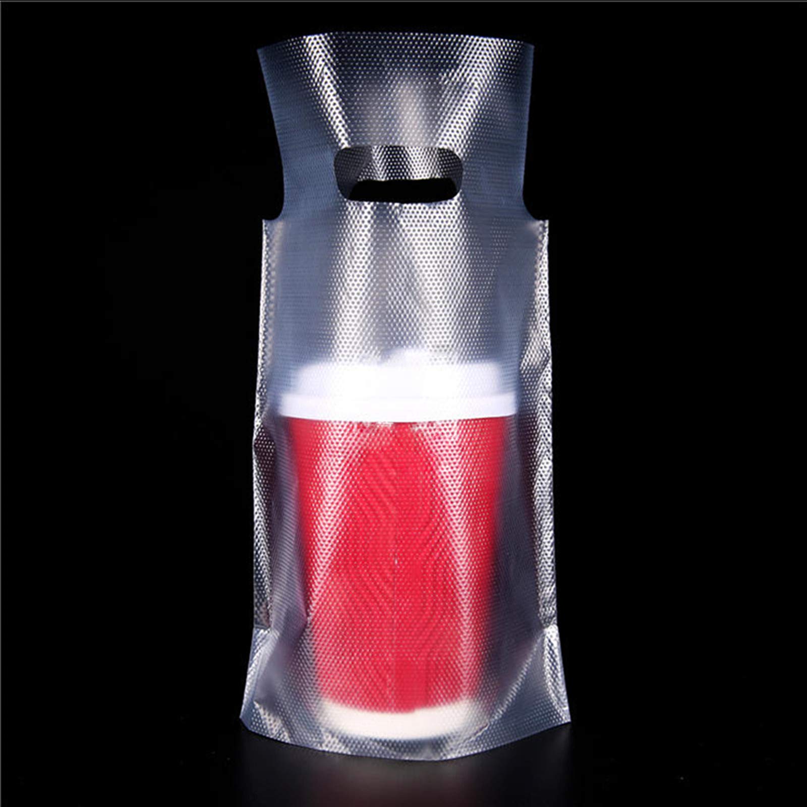 FERENLI 100Pieces Single Drink Cup Holder Plastic Bags for Milk Juice Water Coffee Portable Carrier Clear Ploy Package Pouches with Hanging Hole Beverage Containers 16x24cm