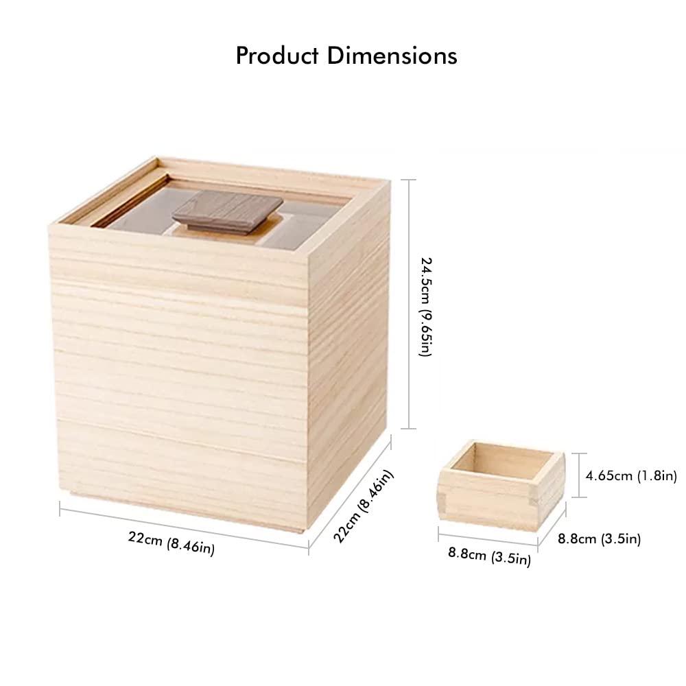 Wooden Rice Storage Container with Lid and Measuring Cup, 11.8lbs / 5kg - Grains, Dry Food