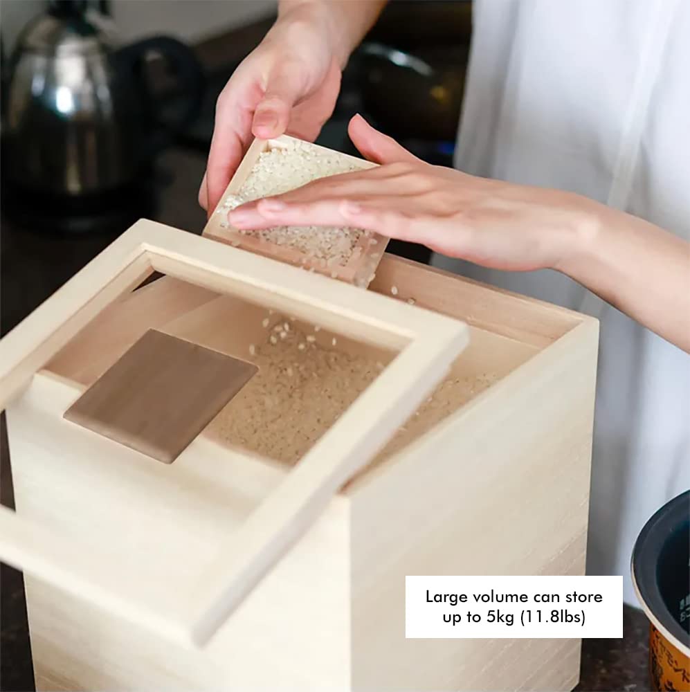 Wooden Rice Storage Container with Lid and Measuring Cup, 11.8lbs / 5kg - Grains, Dry Food