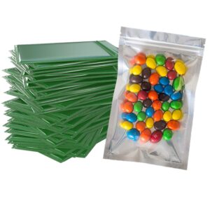 BYRDIES BAGS - Smell Proof Mylar 100 Count Resealable Heat Seal Food Safe Storage Pack With Clear Window - For Snacks Treats Jewelry Crafts Beads (3X4 Inch, Green)