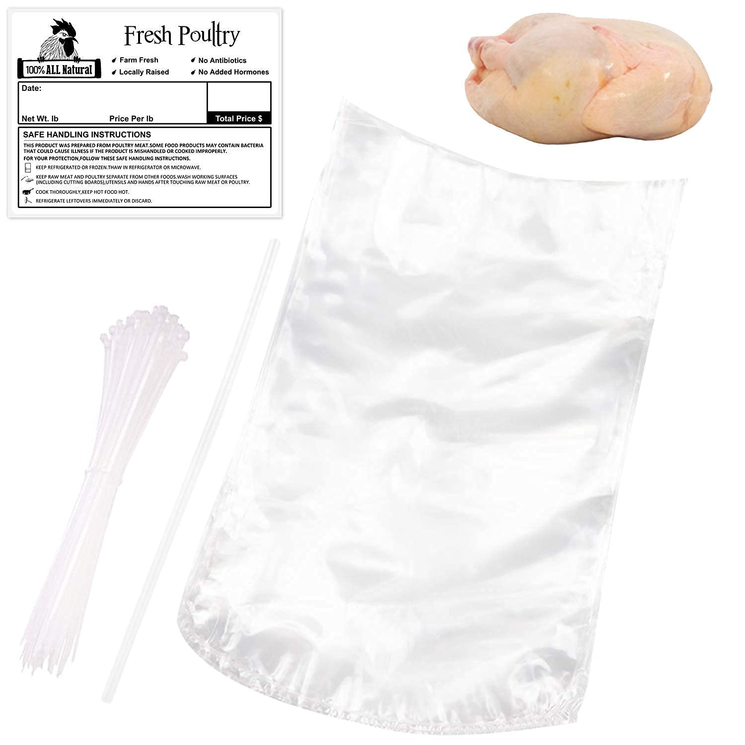 Poultry Shrink Bags,50Pack 13x18Inches Clear Poultry Heat Shrink Wrap BPA Free Freezer with 50 Zip Ties,50PCS Freezer Labels and a Silicone Straw for Chickens,Rabbits