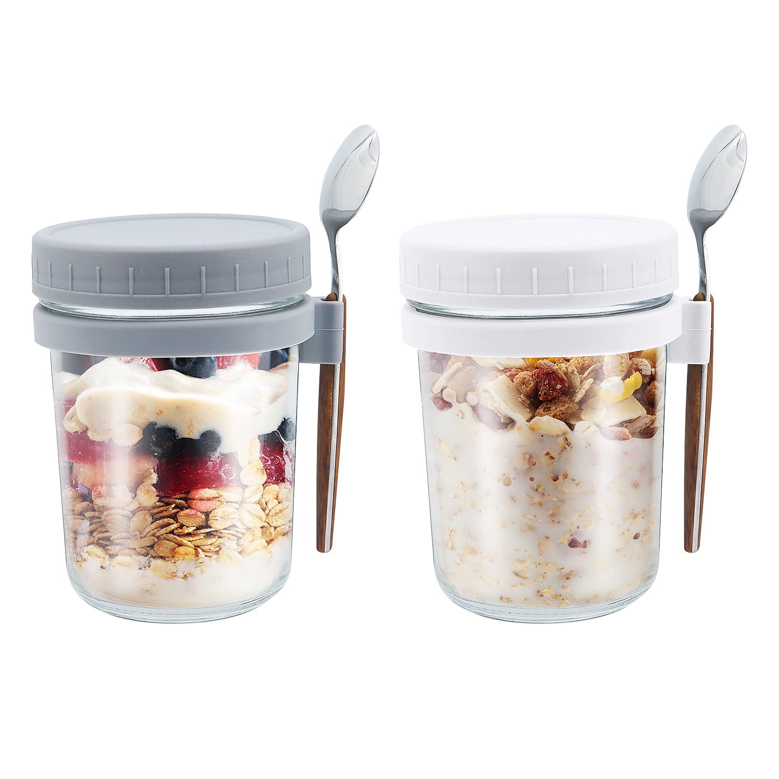 GENCAM Overnight Oats Container with Lid and Spoon, 12 Oz Glass Airtight Oatmeal Container, 2 Pack Mason Jars with Lid for Cereal Salad Jam Breakfast To Go Containers