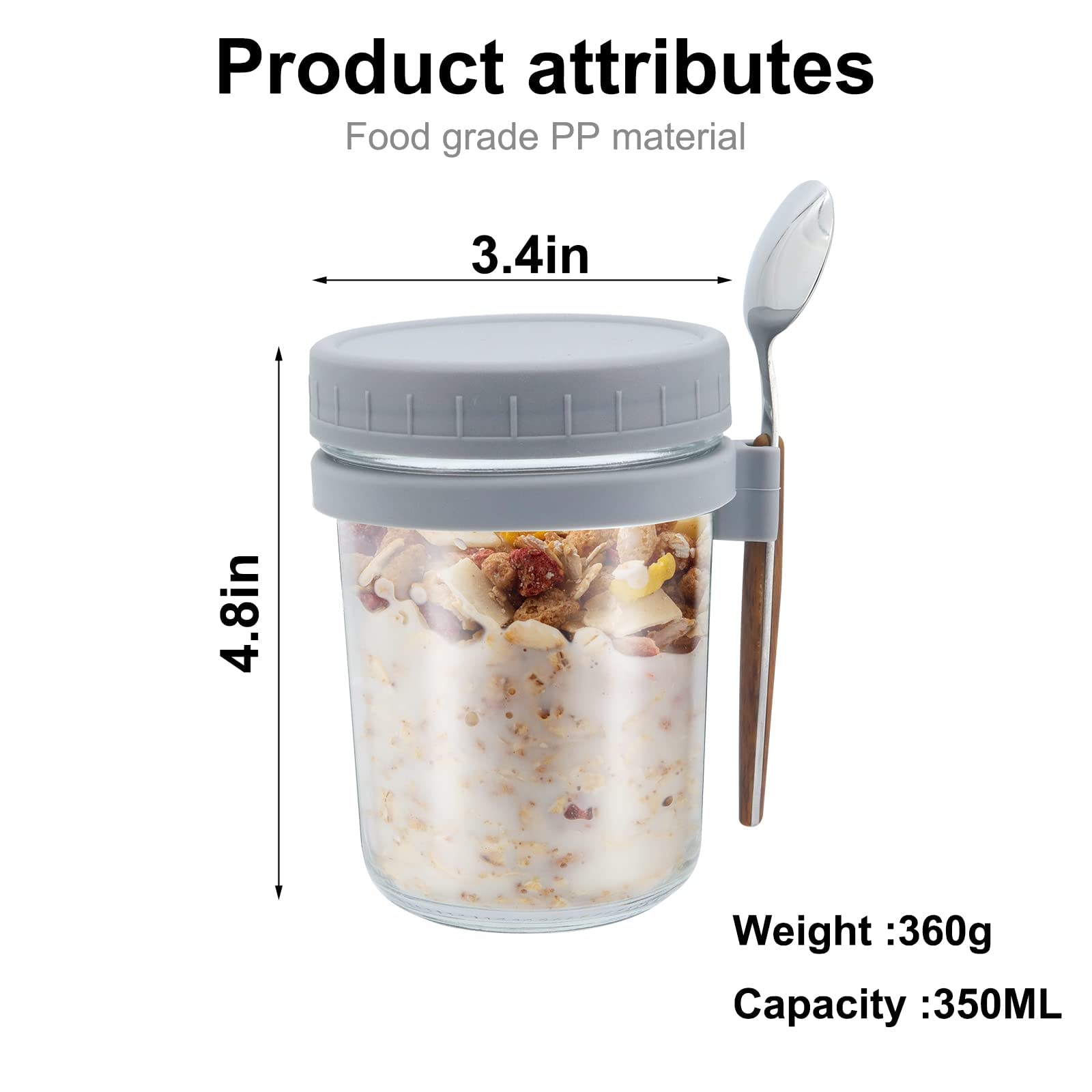 GENCAM Overnight Oats Container with Lid and Spoon, 12 Oz Glass Airtight Oatmeal Container, 2 Pack Mason Jars with Lid for Cereal Salad Jam Breakfast To Go Containers