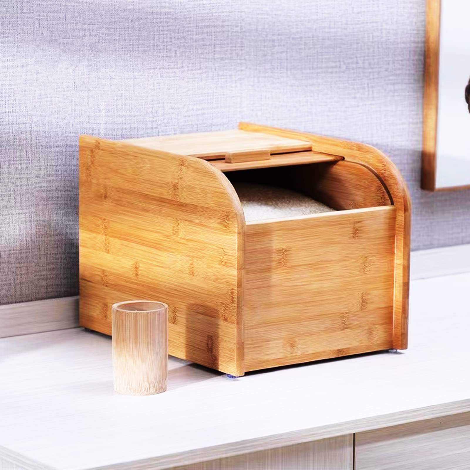 Wooden Rice Container Storage Rice Dispenser Rice Storage Containers with Sliding Lid and Measuring Cup ,Large Wooden Cereal Dispenser Bamboo Rice Dispenser for Dry Food in Home and Kitchen (Capacity: