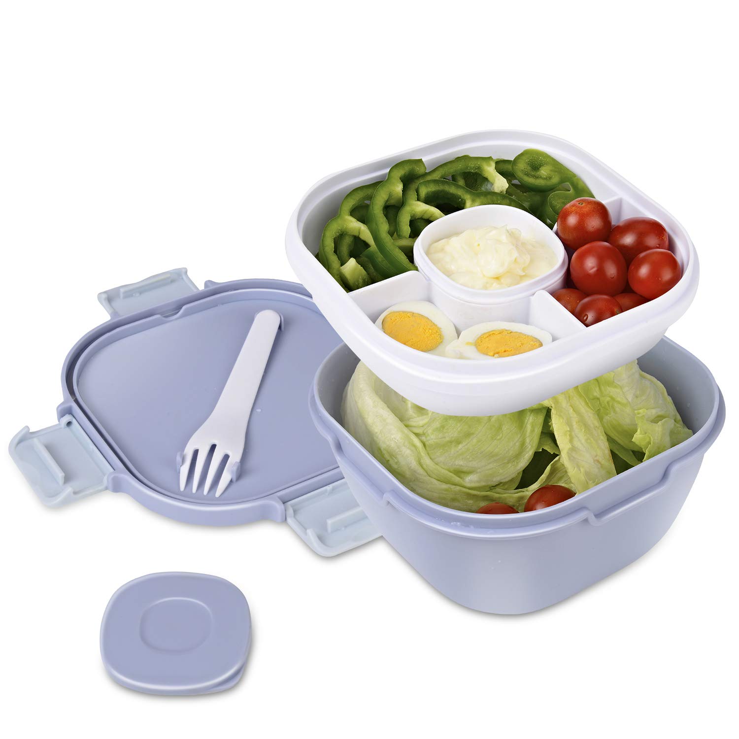 Acupteatech Leak Proof Salad Lunch Container With Large Capacity Salad Mixing Bowl, 3 Compartment Bento-Style Tray, Sauce Container, Reusable cutlery, BPA FREE, 1700ml (Powder Blue)