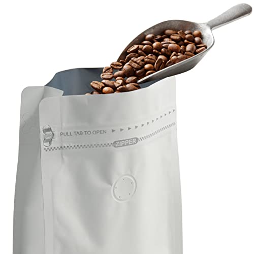 50 Count 32oz/1kg White Kraft Paper Coffee Bags - High Barrier Aluminium Foil Liner - Flat Bottom Coffee Pouches with Degassing Valve, Food Storage Bags with Rsealable Zipper & Easy Open Tape (50pcs, 32oz/1kg)