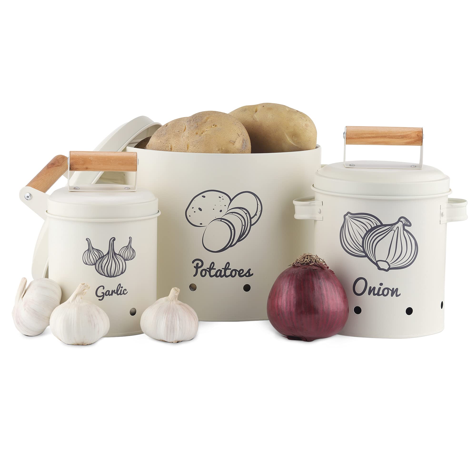 Navaris Vegetable Bins for Onions and Potatoes (Set of 3) - Potato Onion Garlic Storage Canisters Keeper Tin Containers with Wood Handles - Cream