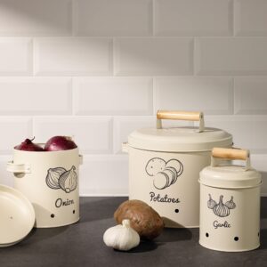 Navaris Vegetable Bins for Onions and Potatoes (Set of 3) - Potato Onion Garlic Storage Canisters Keeper Tin Containers with Wood Handles - Cream