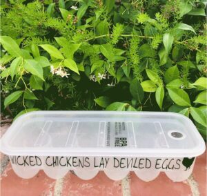 plastic egg storage containers with lids and custom messages designed to make you smile! great gift! (wicked chickens lay deviled eggs)
