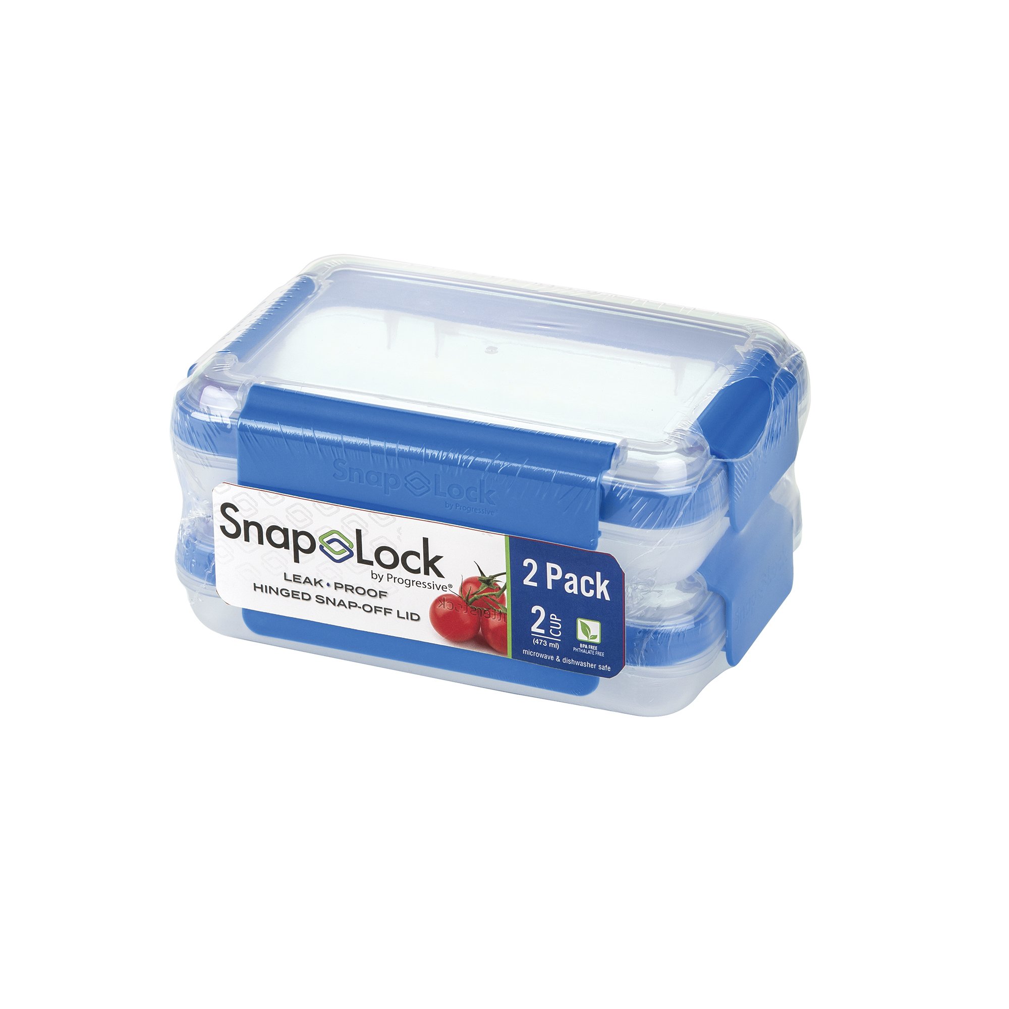 SnapLock by Progressive 2-Cup Container Set - Blue, Easy-To-Open, Leak-Proof Silicone Seal, Snap-Off Lid, Stackable, BPA FREE [ 2-Pack, 2-Cup Capacity]