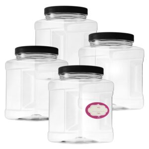 dilabee pack of 4-32 oz large clear empty plastic storage jars with lids - square food grade container with easy grip handles - multi purpose jar bpa free