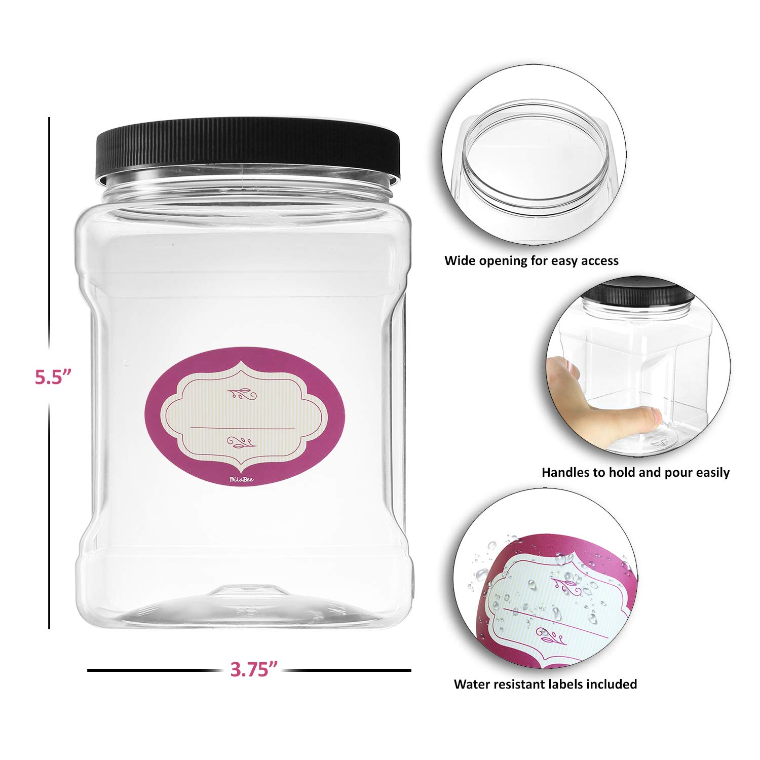 DilaBee Pack of 4-32 Oz Large Clear Empty Plastic Storage Jars with Lids - Square Food Grade Container with Easy Grip Handles - Multi Purpose Jar BPA Free