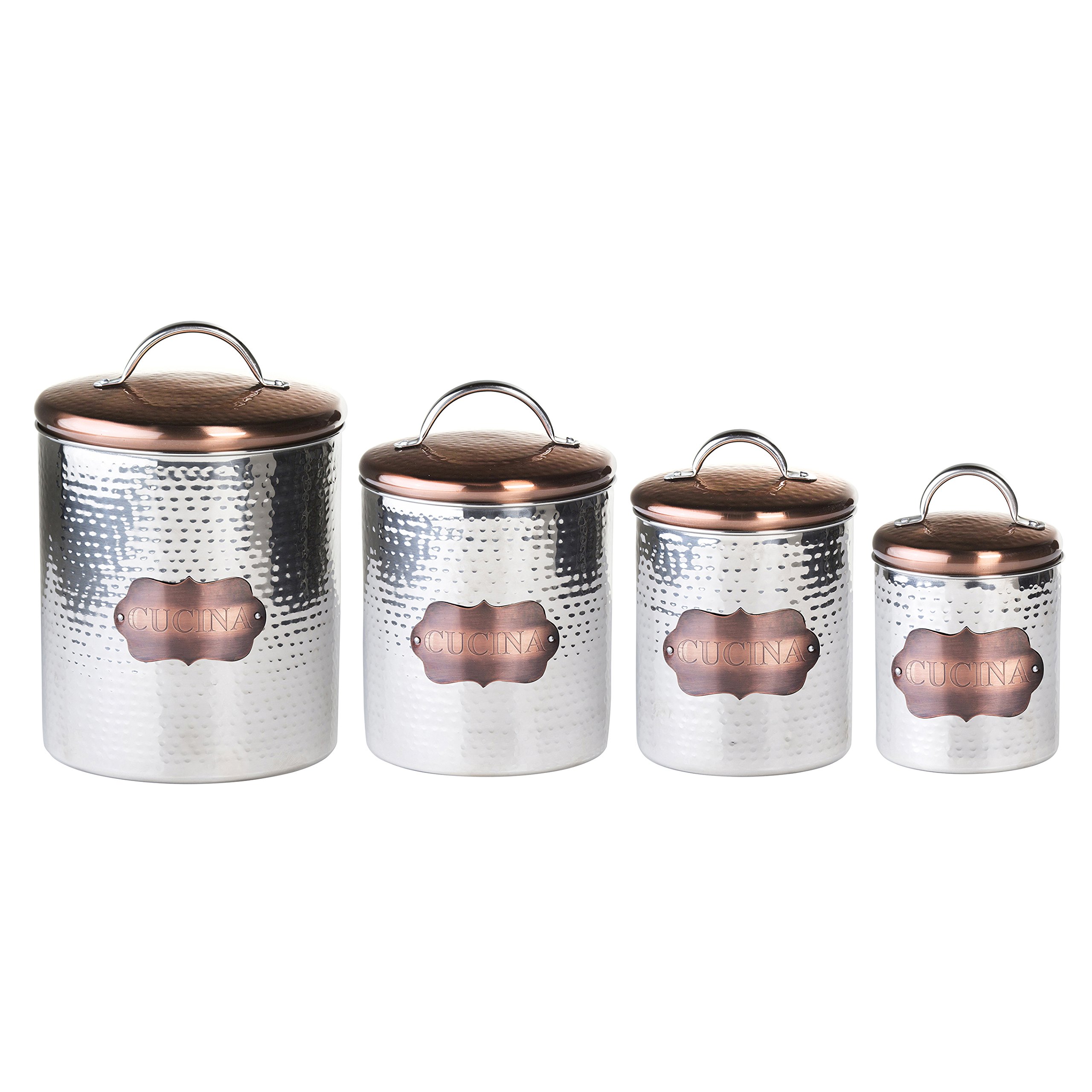 Amici Home Cucina Kitchen Canisters | Set of 4 | Airtight Lid | 20, 38, 64 & 104 Ounce Capacity | Farmhouse Décor | Rustic Metal Storage Canisters for Kitchen Countertop (Silver/Bronze)