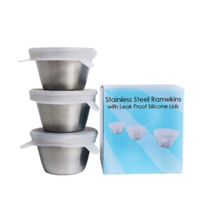 3 pack stainless steel to-go dressing cup and condiment container with leakproof silicone lids.