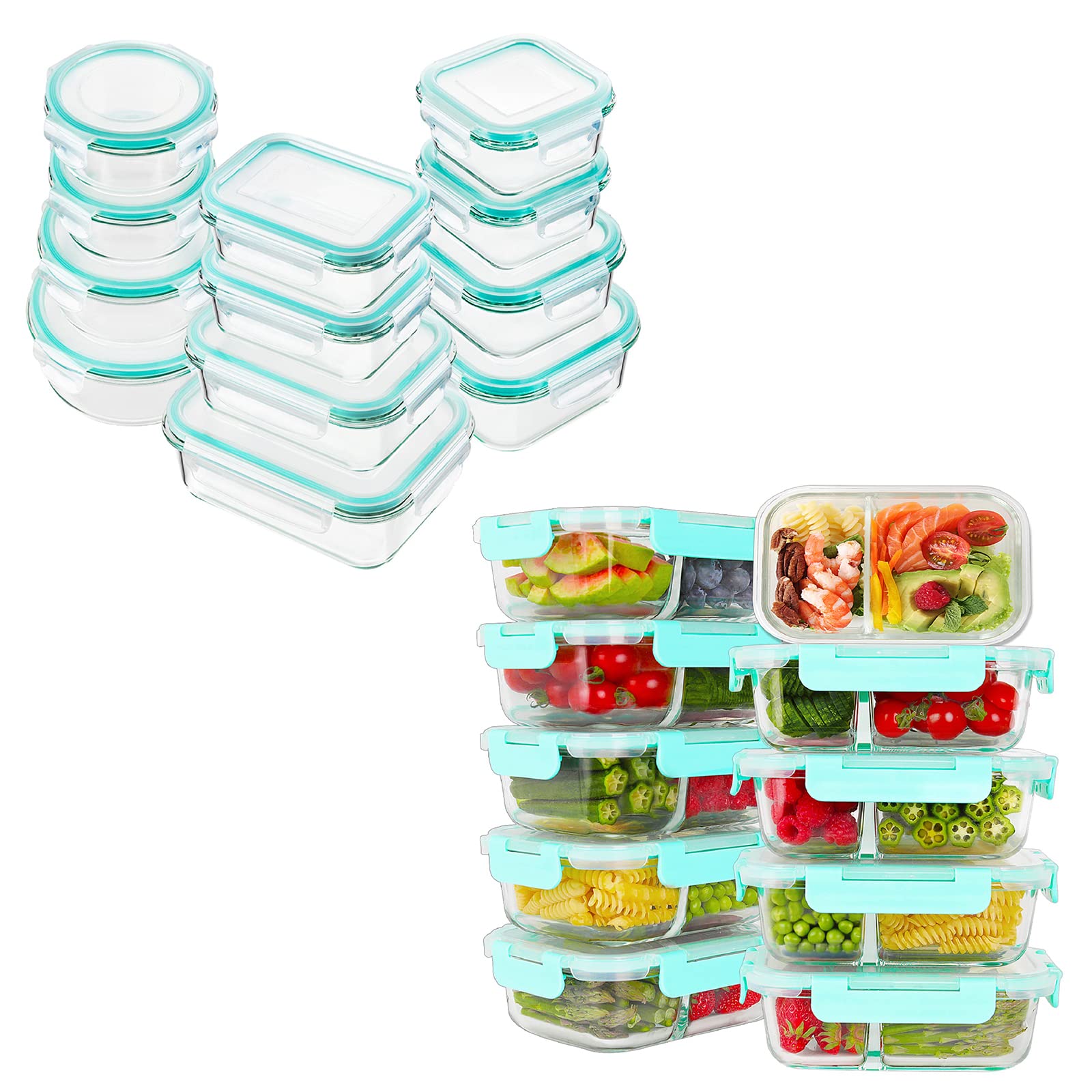 Bayco [24 Pieces] and [10 Packs] 2 Compartment Glass Food Storage Containers with Lids, Airtight Glass Lunch Bento Boxes, BPA-Free & Leak Proof