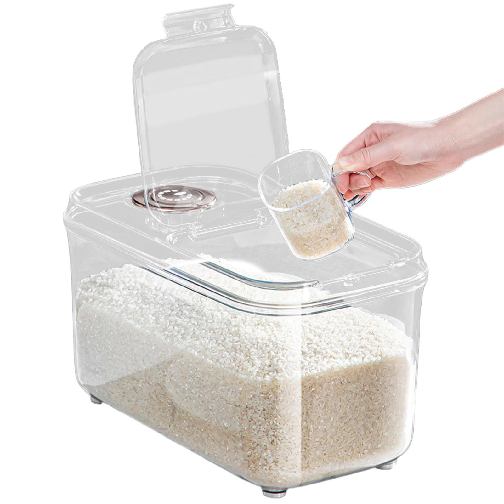 Rice Storage Container,Food Storage Containers with Lids Airtight | Square Rice Bucket Cereal Can, Pantry Storage Container with Lid for Rice, Grain, Cereal, Beans, Pet Food, Clear Asaim