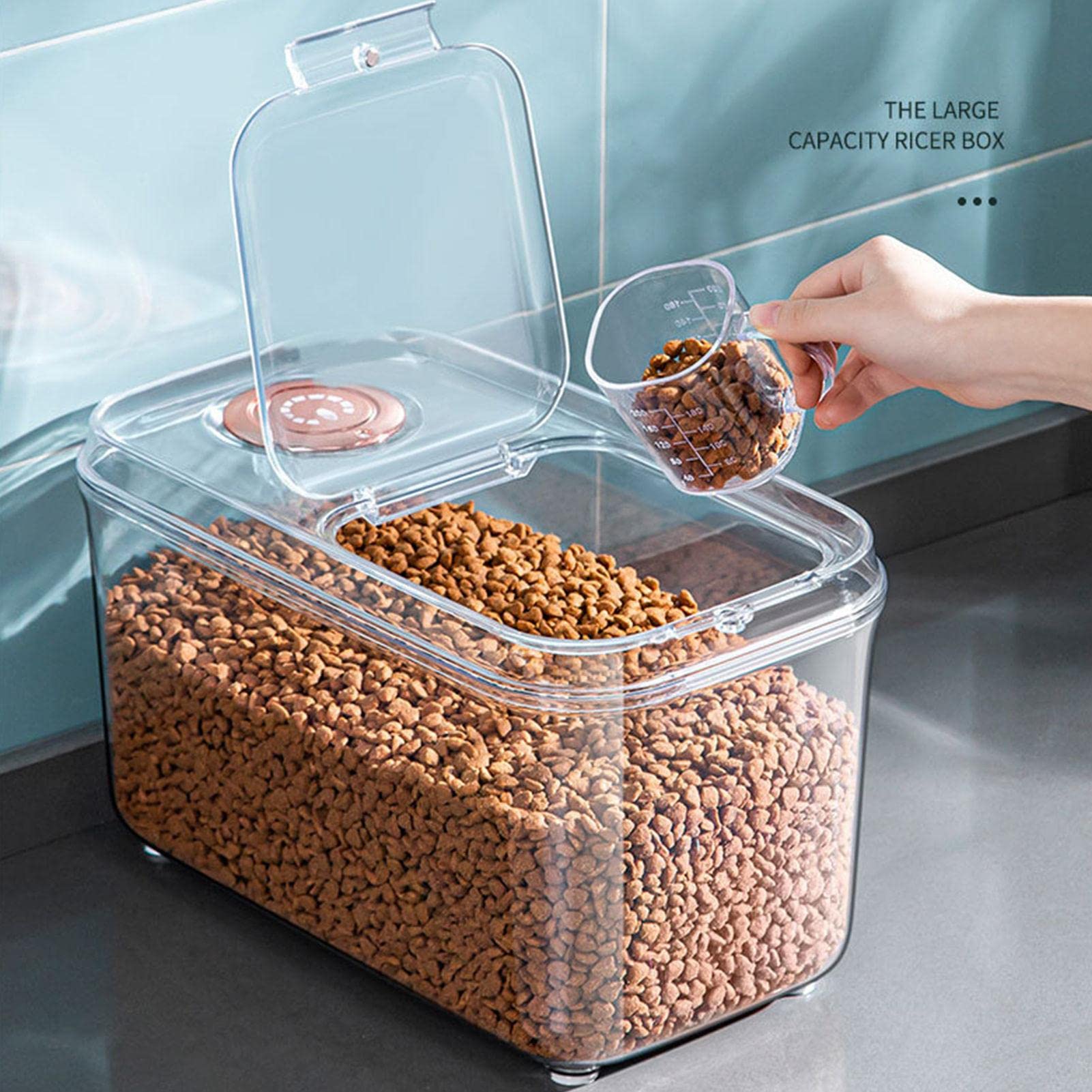 Rice Storage Container,Food Storage Containers with Lids Airtight | Square Rice Bucket Cereal Can, Pantry Storage Container with Lid for Rice, Grain, Cereal, Beans, Pet Food, Clear Asaim