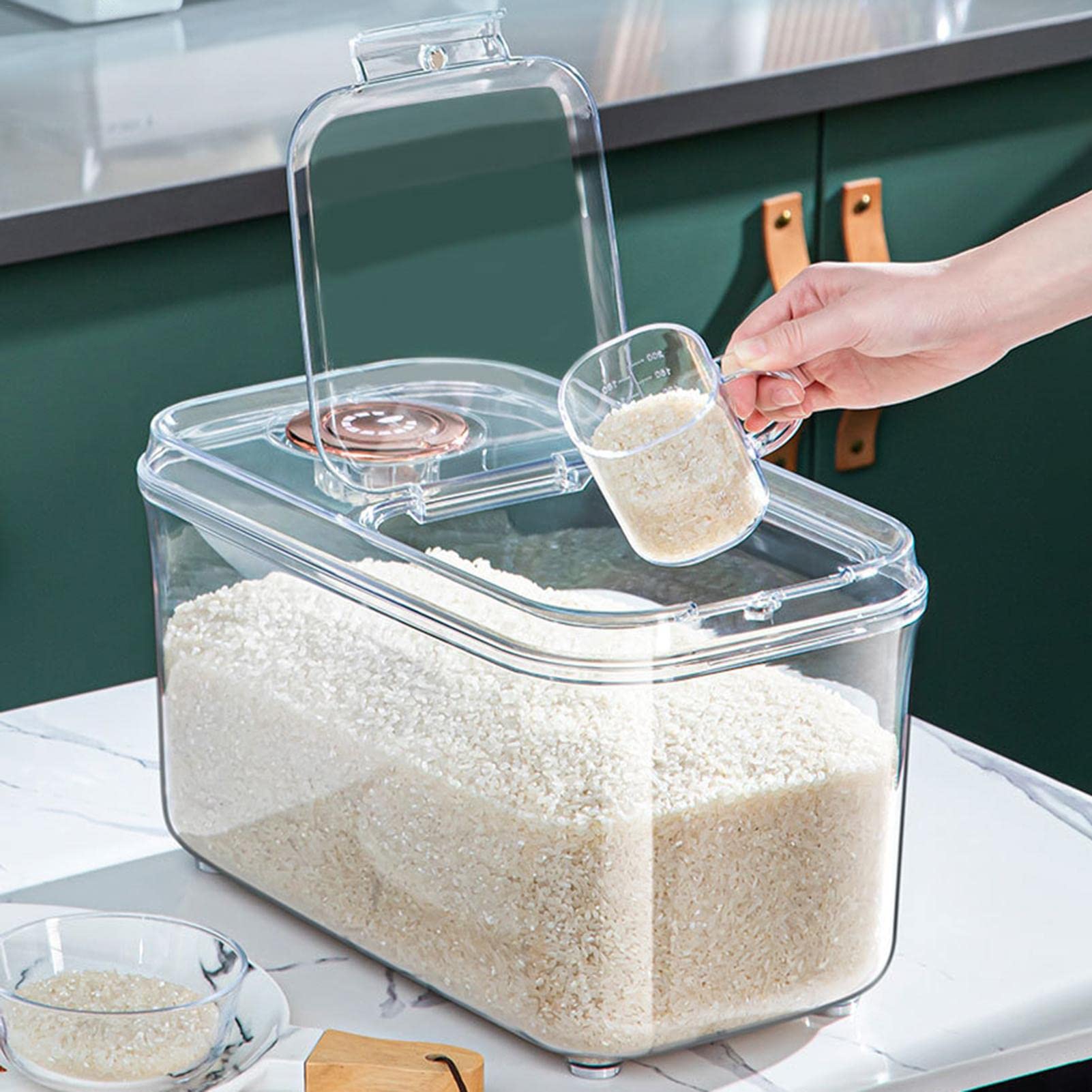 Rice Storage Container,Food Storage Containers with Lids Airtight | Square Rice Bucket Cereal Can, Pantry Storage Container with Lid for Rice, Grain, Cereal, Beans, Pet Food, Clear Asaim