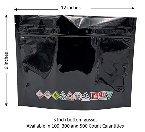 Child Resistant Exit Bags with State Compliance Symbols, Black Grip & Pull, Re-closeable, ASTM-D3475 Compliant in All States (12x9BGNP-100)