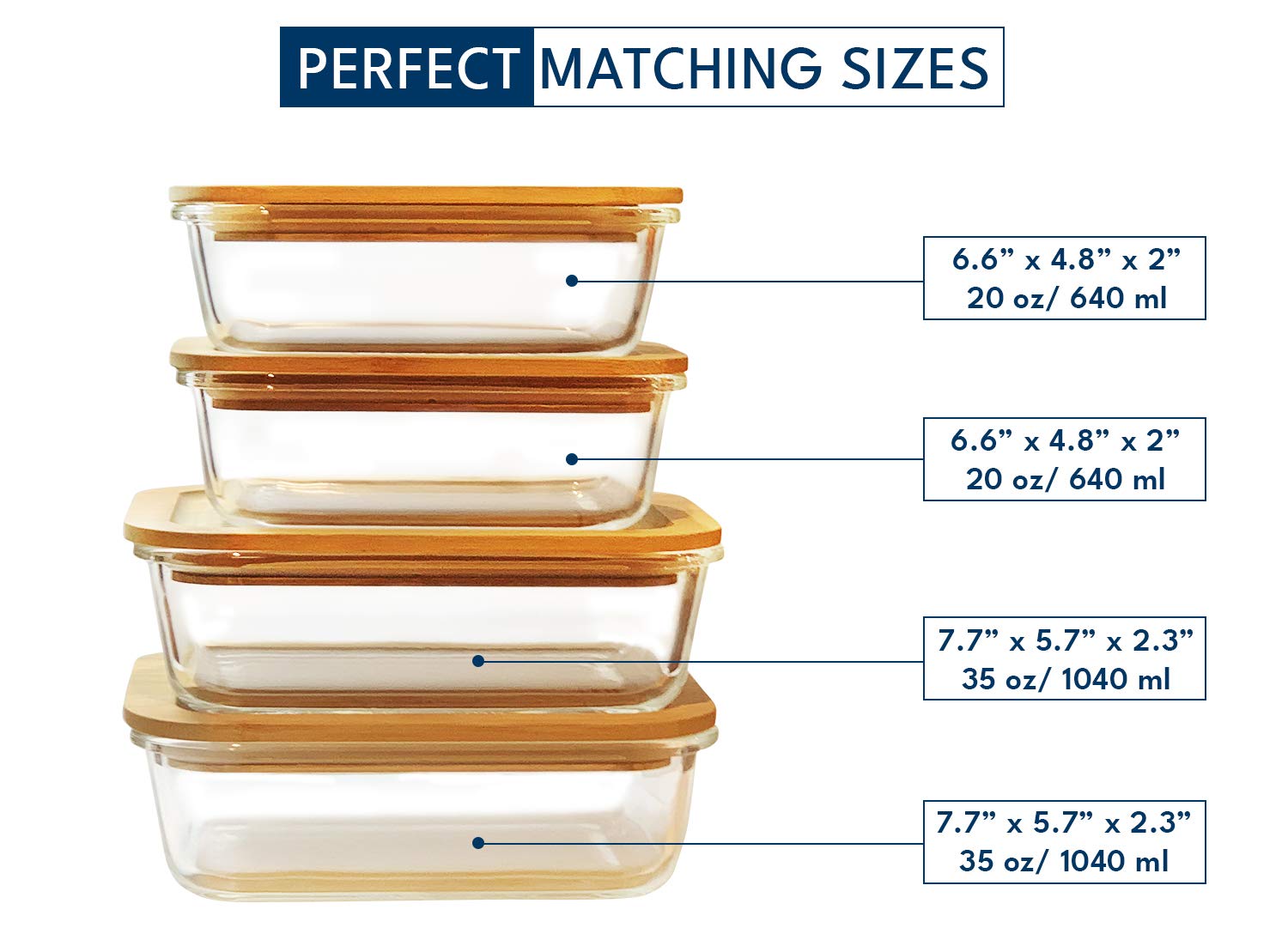 DE Glass Food Storage Containers with Bamboo Lids (4 Pack, 2 x 640ML & 2 x 1040ML) Eco Friendly Meal Prep Containers Reusable – Airtight, Plastic Free, BPA Free